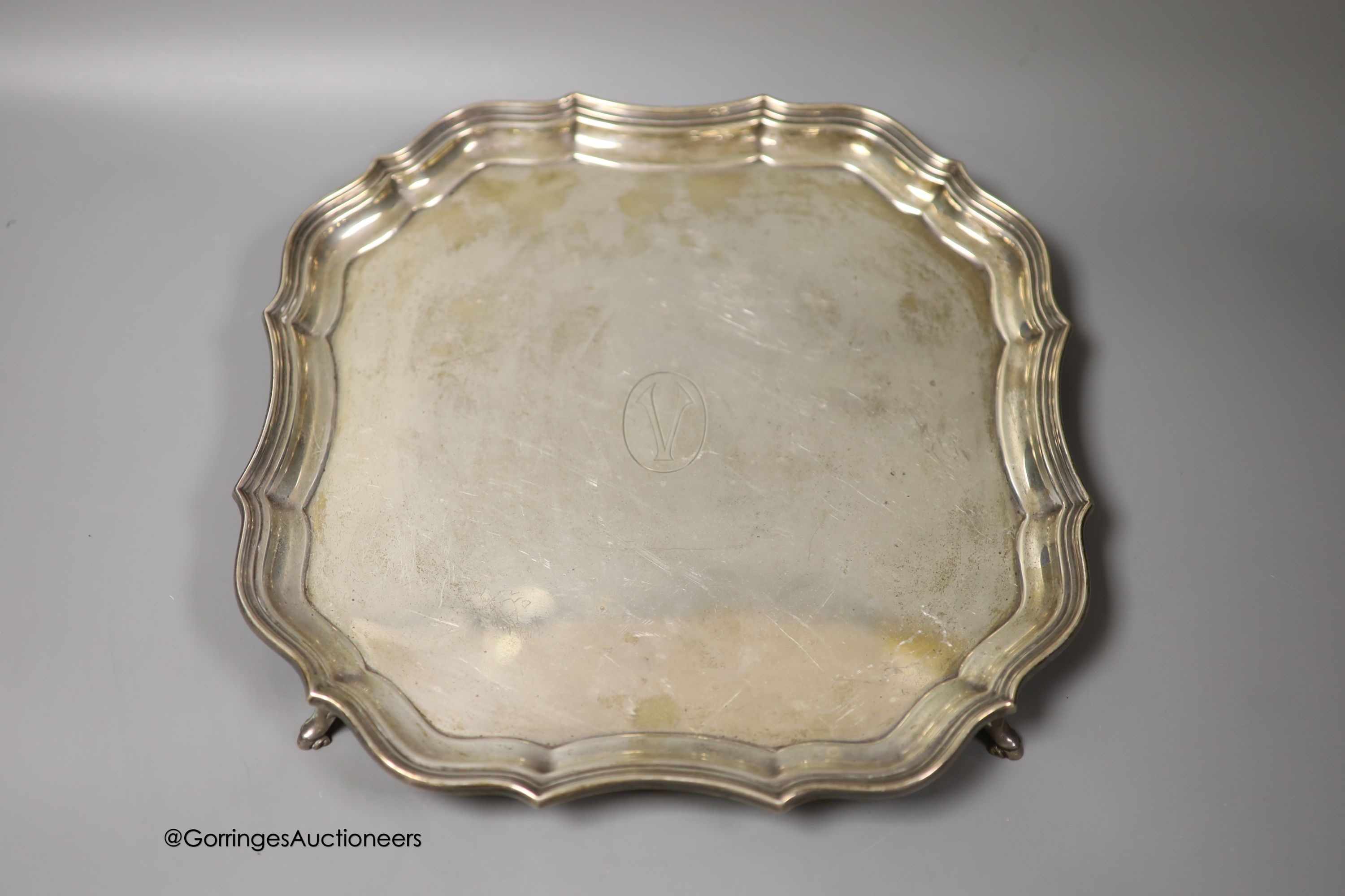 A 1930's shaped square silver salver, Barker Brothers Silver Ltd, Birmingham, 1936, 33.1cm